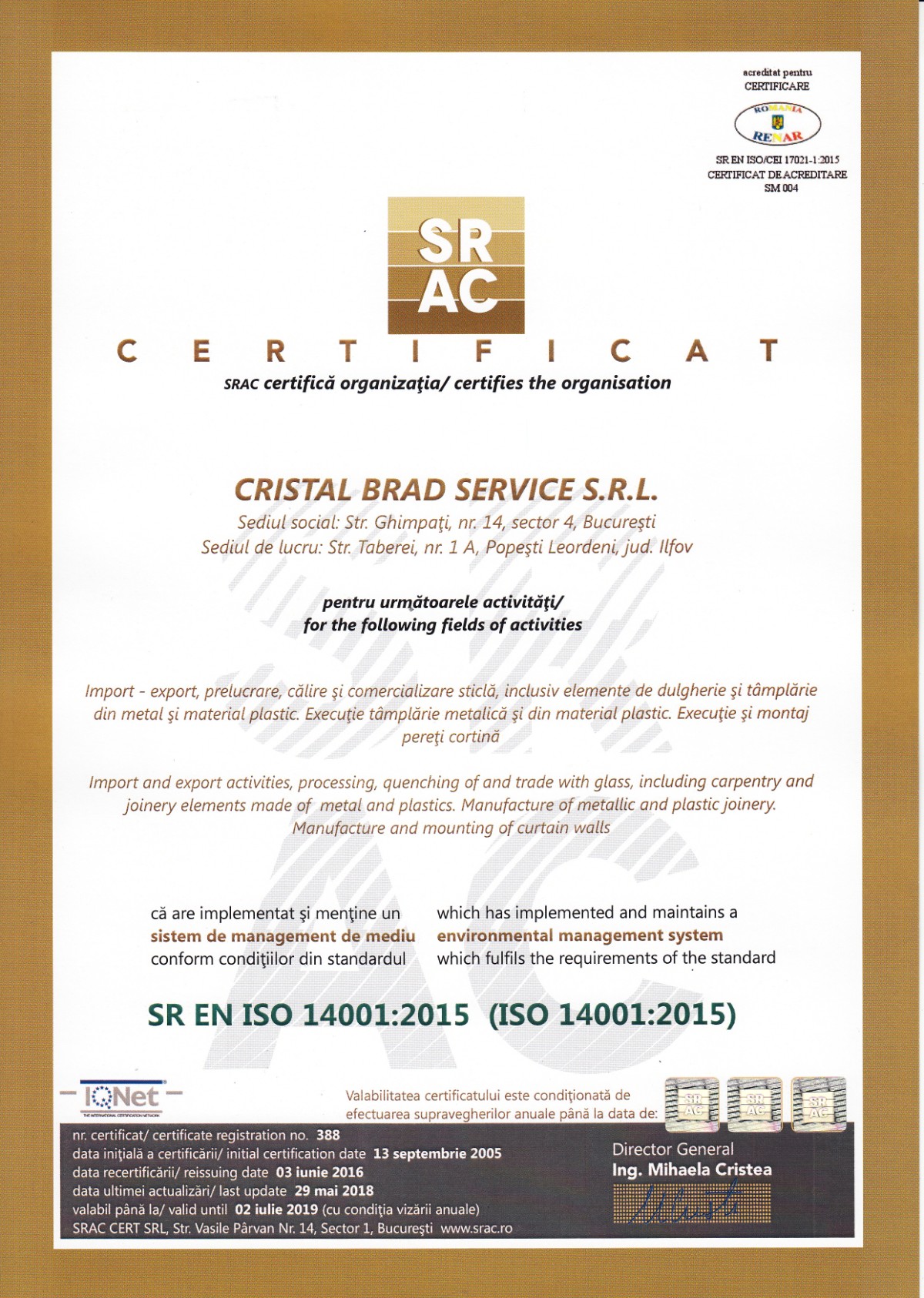 Certificat ISO 14001:2015 (RO)