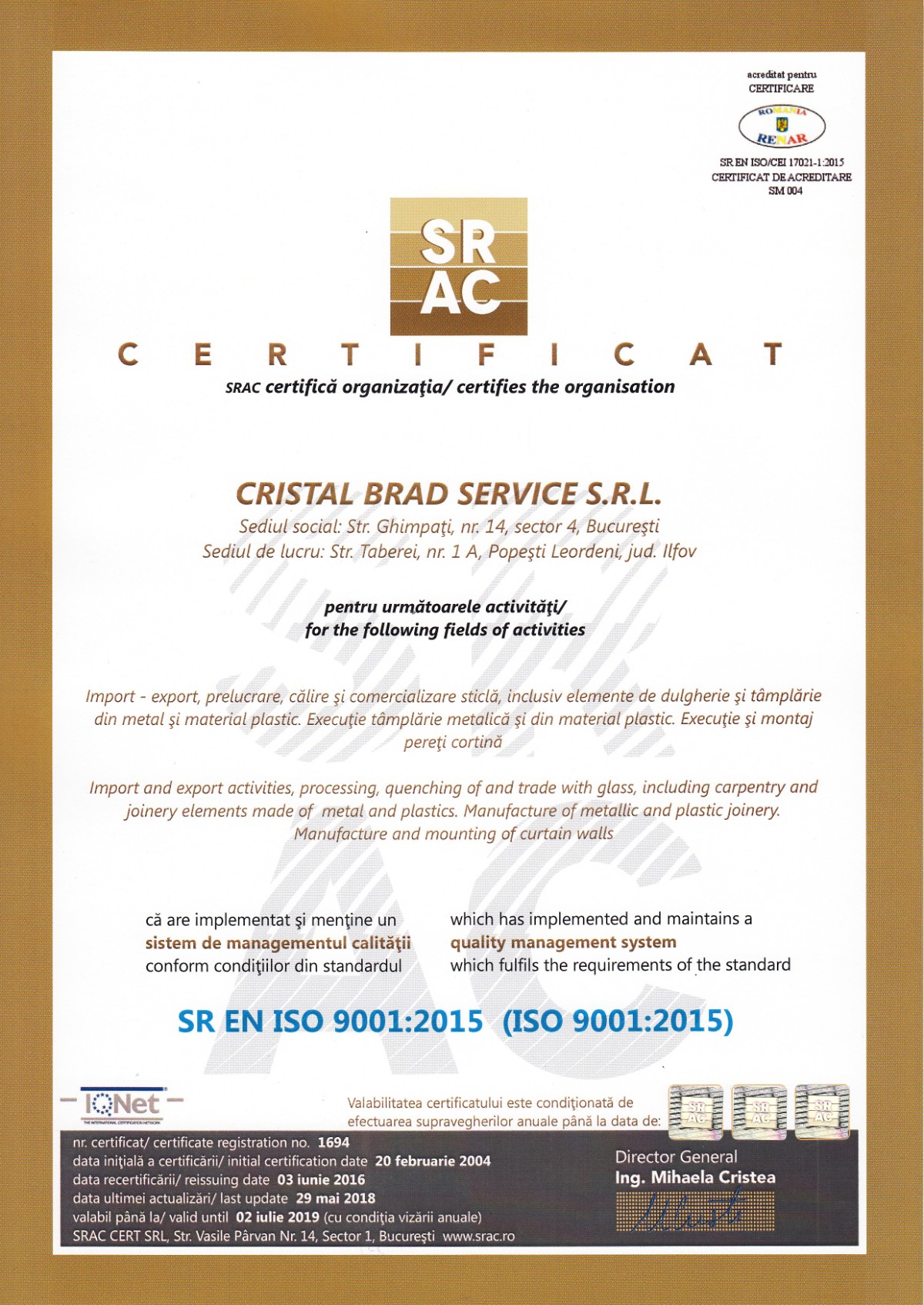 Certificat ISO 9001:2015 (RO)