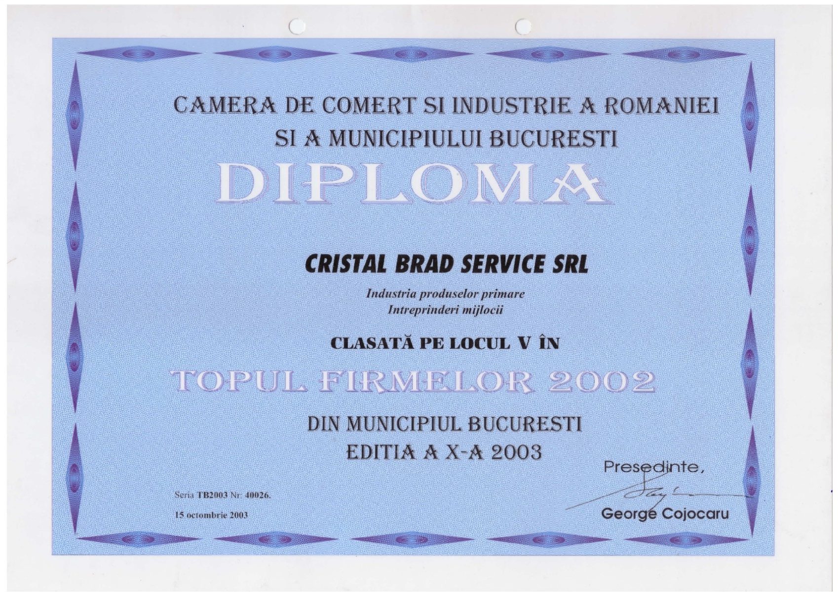 Diplomă Cristal Brad